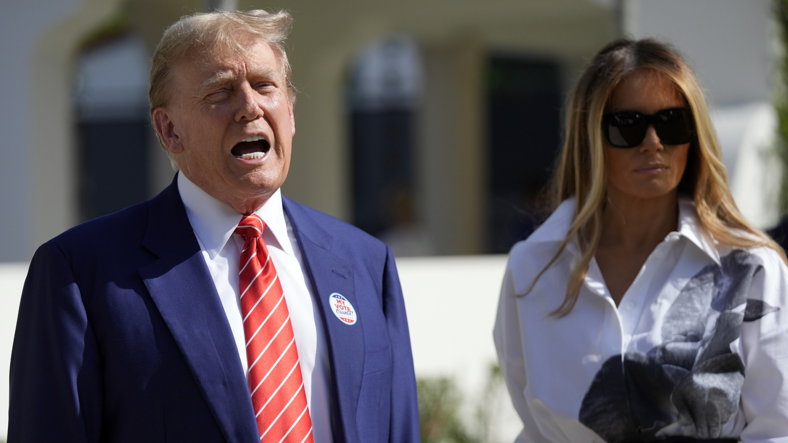 Former President Donald Trump and former first lady Melania Trump leave after voting in the Florida primary election in Palm Beach on Tuesday, March 19, 2024. | Wilfredo Lee, AP