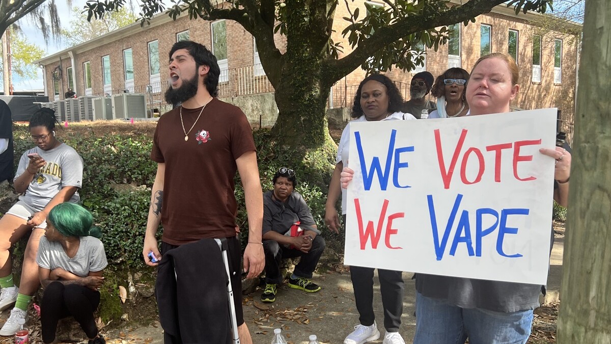Protesters speak out against a bill that would ban the sale of flavored e-cigarettes in Florida at a demonstration on West Brevard Street outside the governor's mansion on Thursday, March 7, 2024. | Valerie Crowder, WFSU News