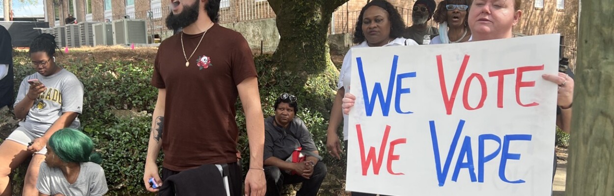 Protesters speak out against a bill that would ban the sale of flavored e-cigarettes in Florida at a demonstration on West Brevard Street outside the governor's mansion on Thursday, March 7, 2024. | Valerie Crowder, WFSU News