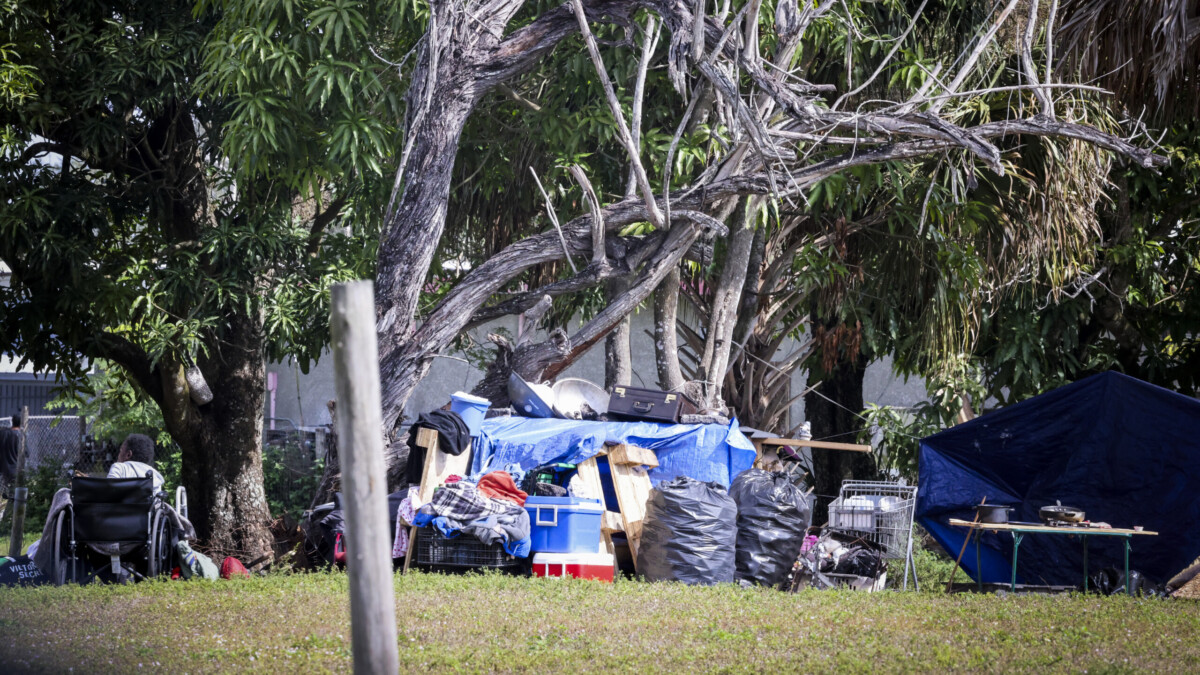 A homeless camp is shown in Immokalee. Legislation that would bar cities and counties from allowing people to sleep at places such as public buildings and in public rights of way is now on its way to Gov. DeSantis to sign. | Andrea Melendez, WGCU