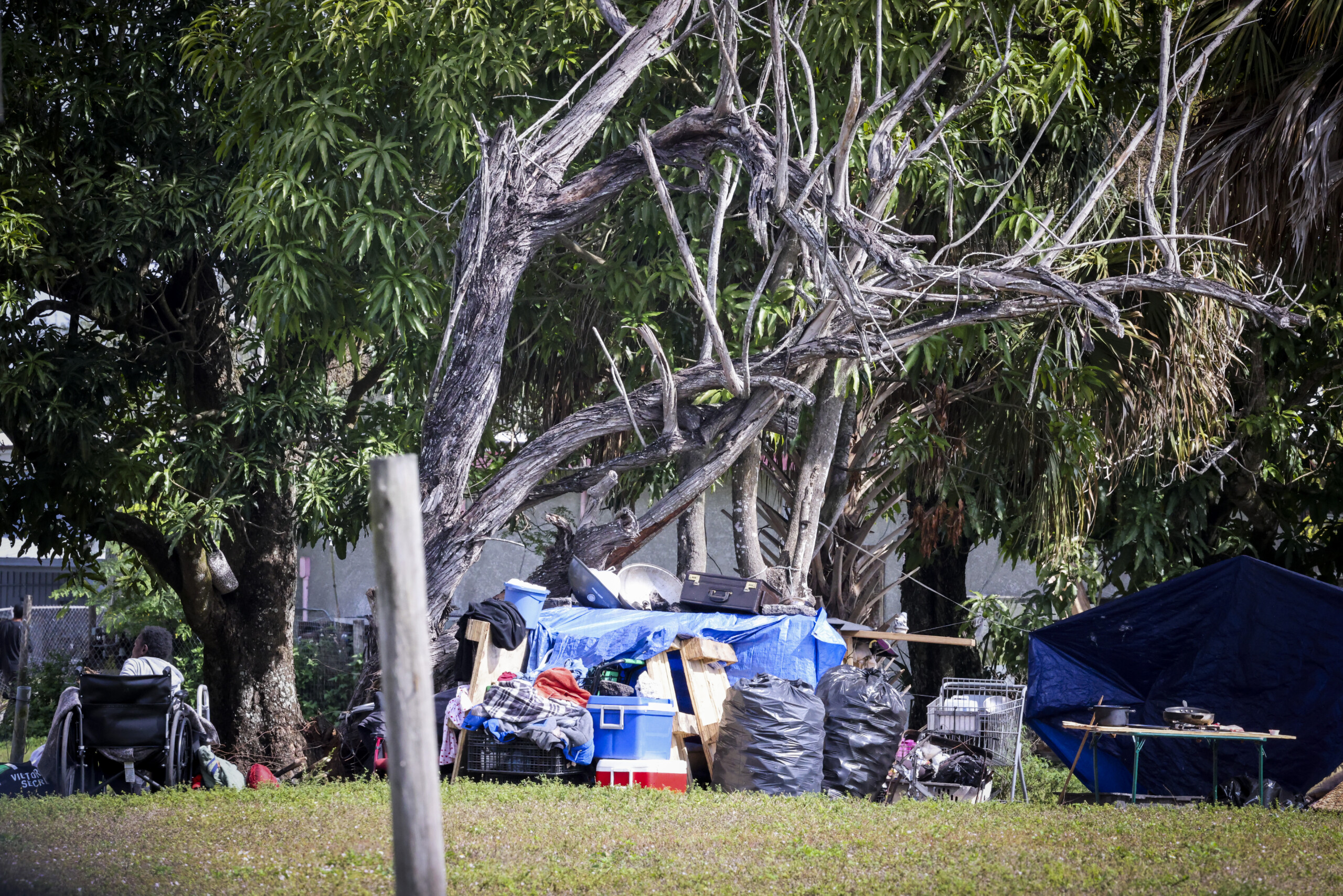 A homeless camp is shown in Immokalee. Legislation that would bar cities and counties from allowing people to sleep at places such as public buildings and in public rights of way is now on its way to Gov. DeSantis to sign. | Andrea Melendez, WGCU