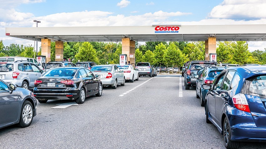 Cars line up for gas at Costco Wholesale in Fairfax, Virginia.