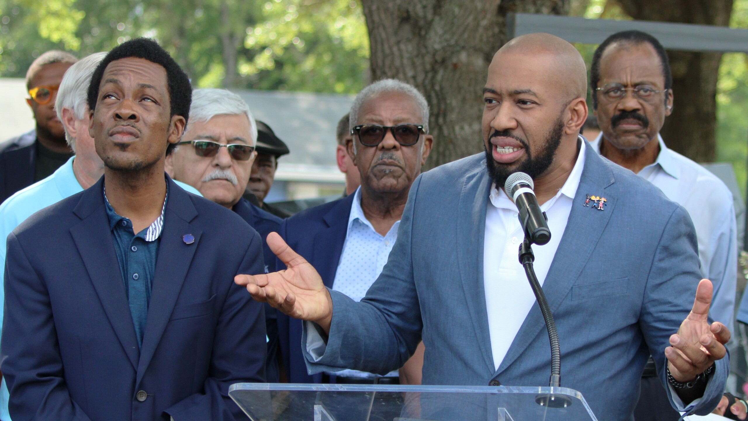 City Council member Rahman Johnson speaks about new anti-hate legislation with co-sponsor Reggie Gaffney Jr., left, on Monday, April 22, 2024. | Casmira Harrison, Jacksonville Today