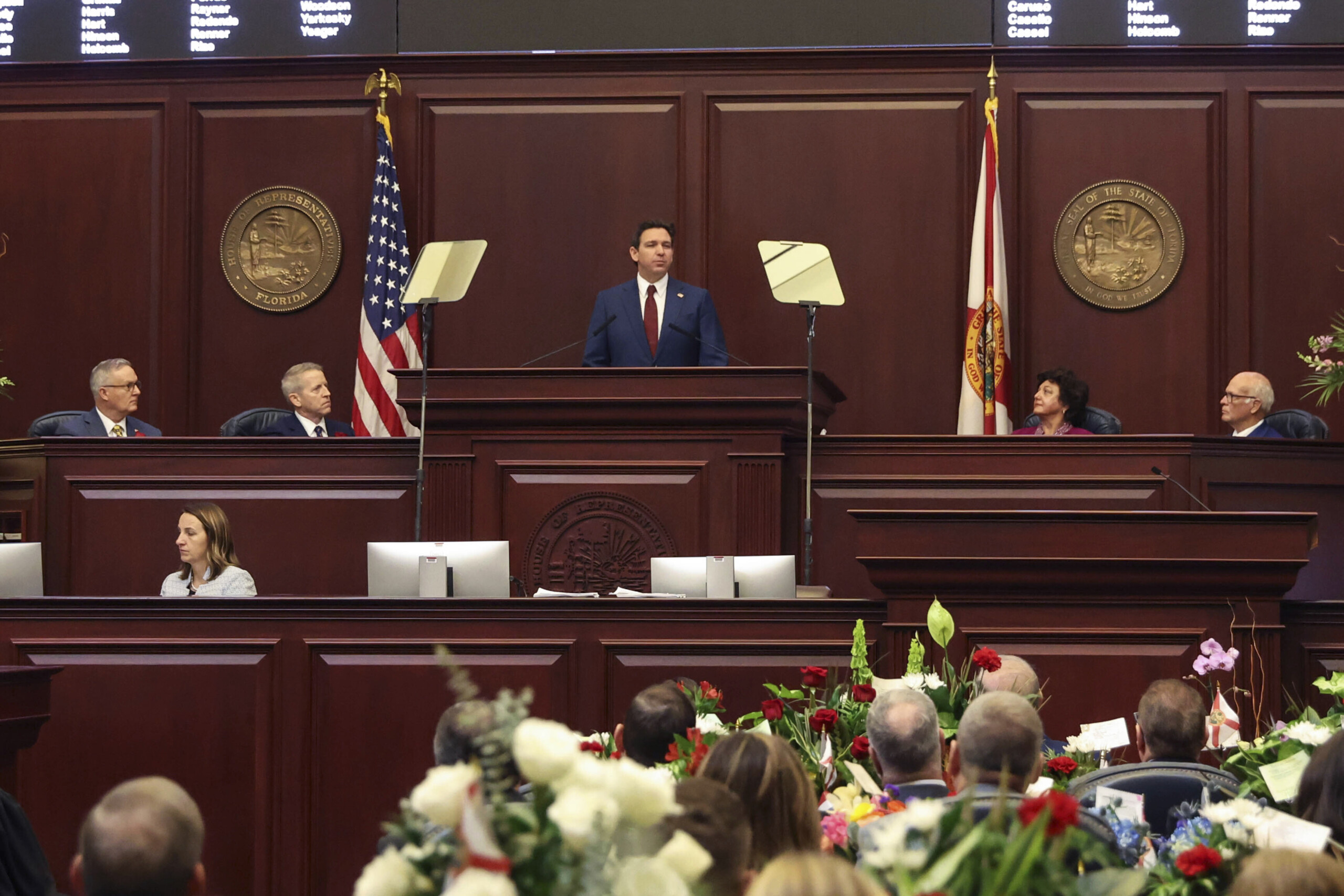 Florida Gov. Ron DeSantis gives his State of the State address during a joint session of the Senate and House of Representatives on Jan. 9, 2024. | Gary McCullough, AP