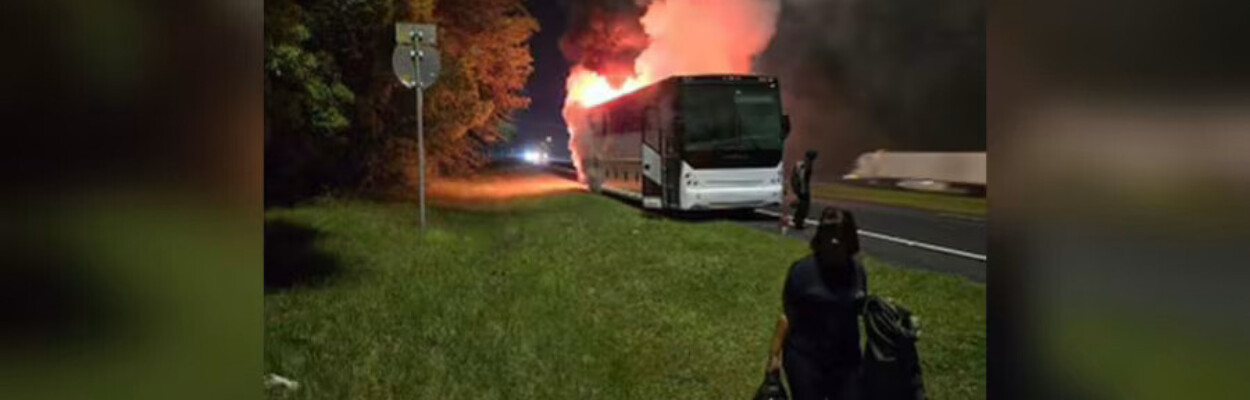 Passengers flee a bus that caught fire Friday, April 19, 2024, as St. Johns County residents traveled to Tallahassee. | Photo provided to News4Jax.