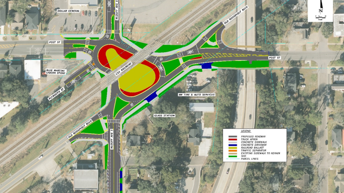 The Florida Department of Transportation is proposing a bean-shaped roundabout that crosses a railroad track in two spots and eliminates multiple traffic signals. | FDOT