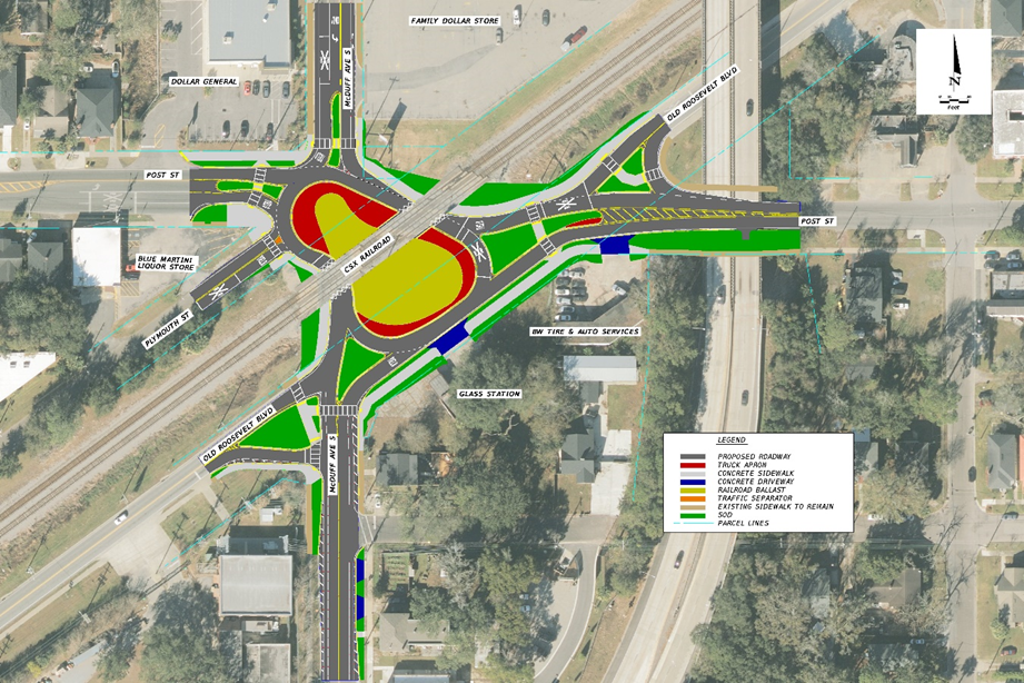 The Florida Department of Transportation is proposing a bean-shaped roundabout that crosses a railroad track in two spots and eliminates multiple traffic signals. | FDOT