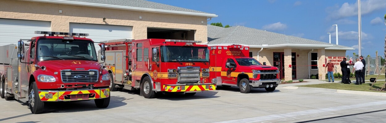 A fire engine, tanker and rescue unit sit in front of the new Fire Station 47, which officially opened Thursday, May 9, 2024. | Dan Scanlan, Jacksonville Today