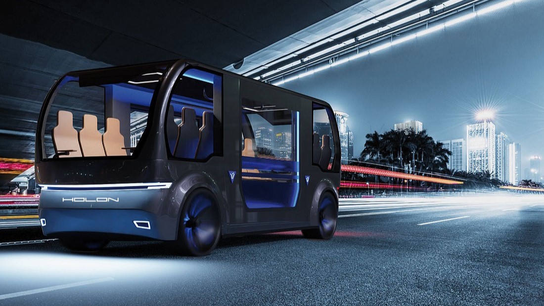 The Holon Mover is an autonomous electric vehicle with a top speed of 37 mph. It has seating for up to 15 passengers. | Benteler