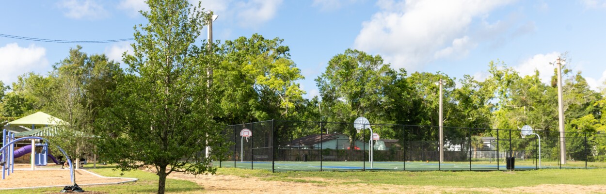 Grunthal Park in the Grand Park neighborhood was renovated in 2023 to convert tennis courts into basketball courts with a playground space. | Will Brown, Jacksonville Today