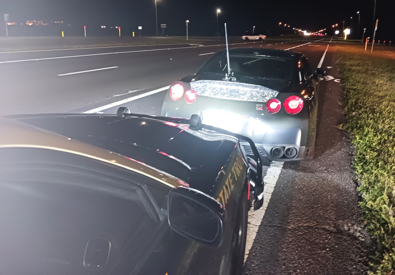 A state trooper on patrol along the Gandy Bridge in Tampa pulled over a Nissan GTR traveling over 100 mph on Oct. 20, 2023. The driver was charged with street racing. | Florida Highway Patrol via WUSF