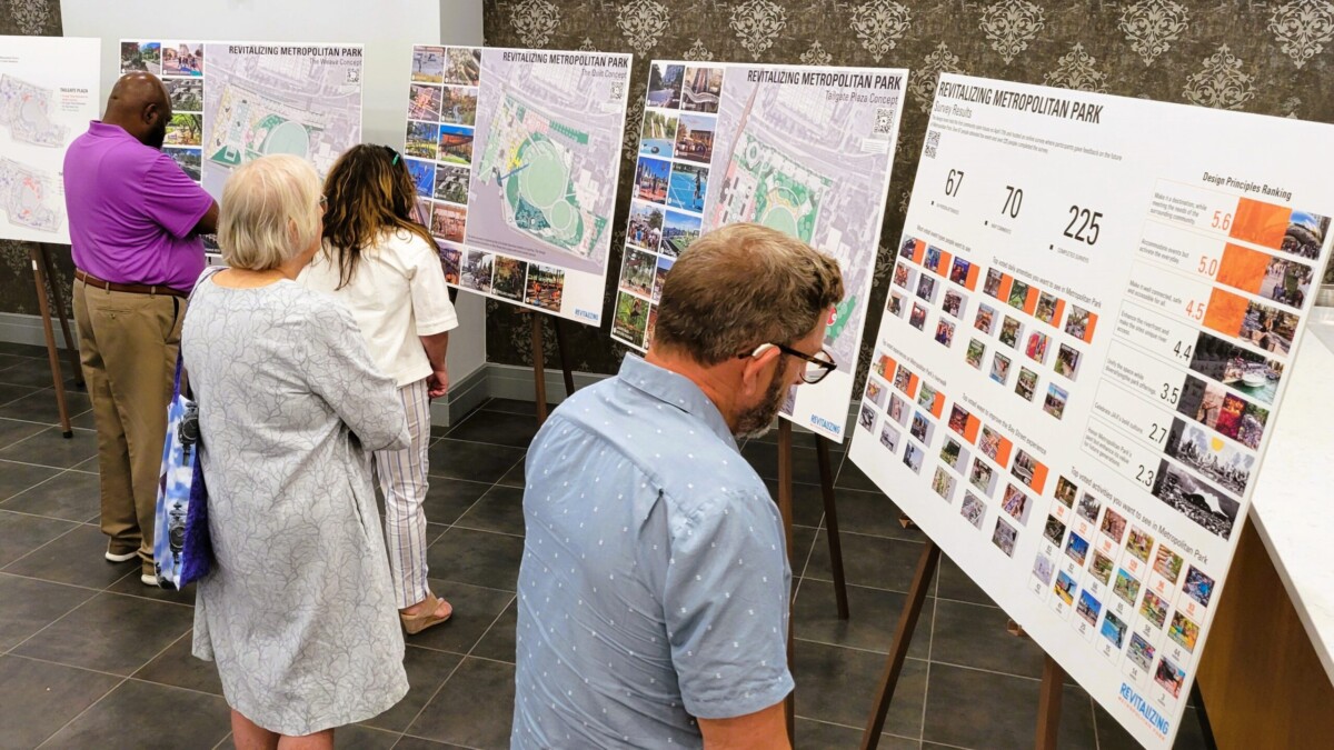 Dozens of people gathered Tuesday, June 25, 2024, at the Main Library to look at three possible redesigns for Metropolitan Park. | Dan Scanlan, Jacksonville Today