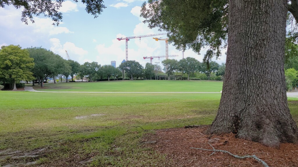 Metropolitan Park as it appears today, from where the stage once stood.  Cranes are used to build the Four Seasons Hotel in the background.  |  Dan Scanlan, Jacksonville today