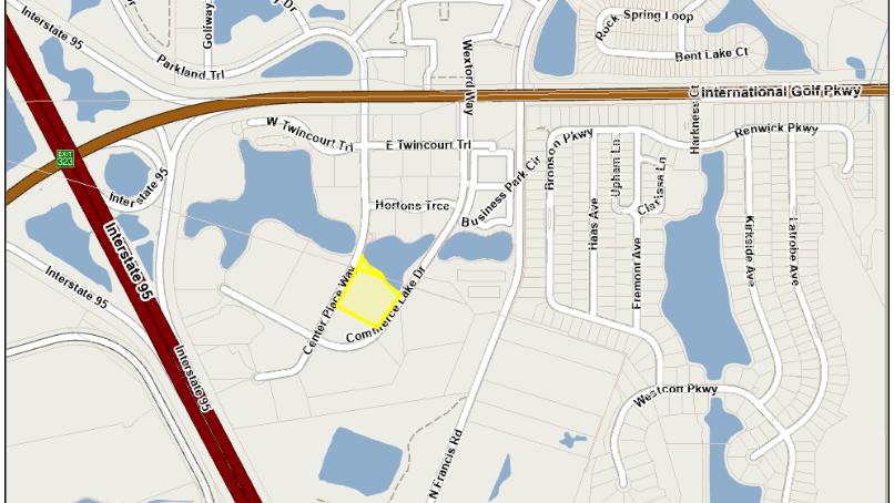 This map shows, in yellow, where a proposed office space could be built near Interstate 95 and International Golf Parkway. | St. Johns County.