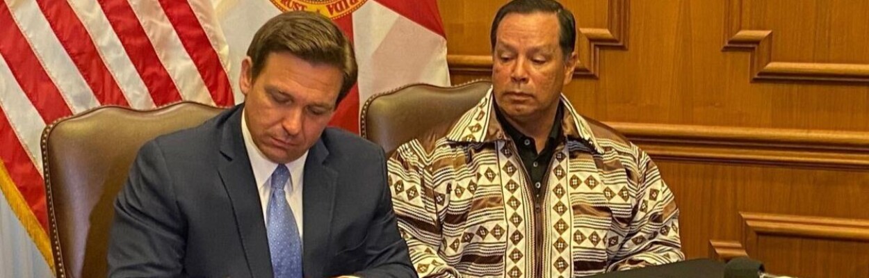 Gov. Ron DeSantis and Seminole Tribe of Florida Chairman Marcellus Osceola Jr. reached a gambling deal in 2021. | News Service of Florida