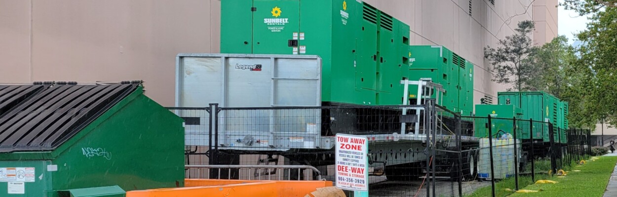 Massive portable generators line the back of the Hyatt Regency Jacksonville Riverfront hotel, five months after an electrical fire at the Downtown building. | Dan Scanlan, Jacksonville Today