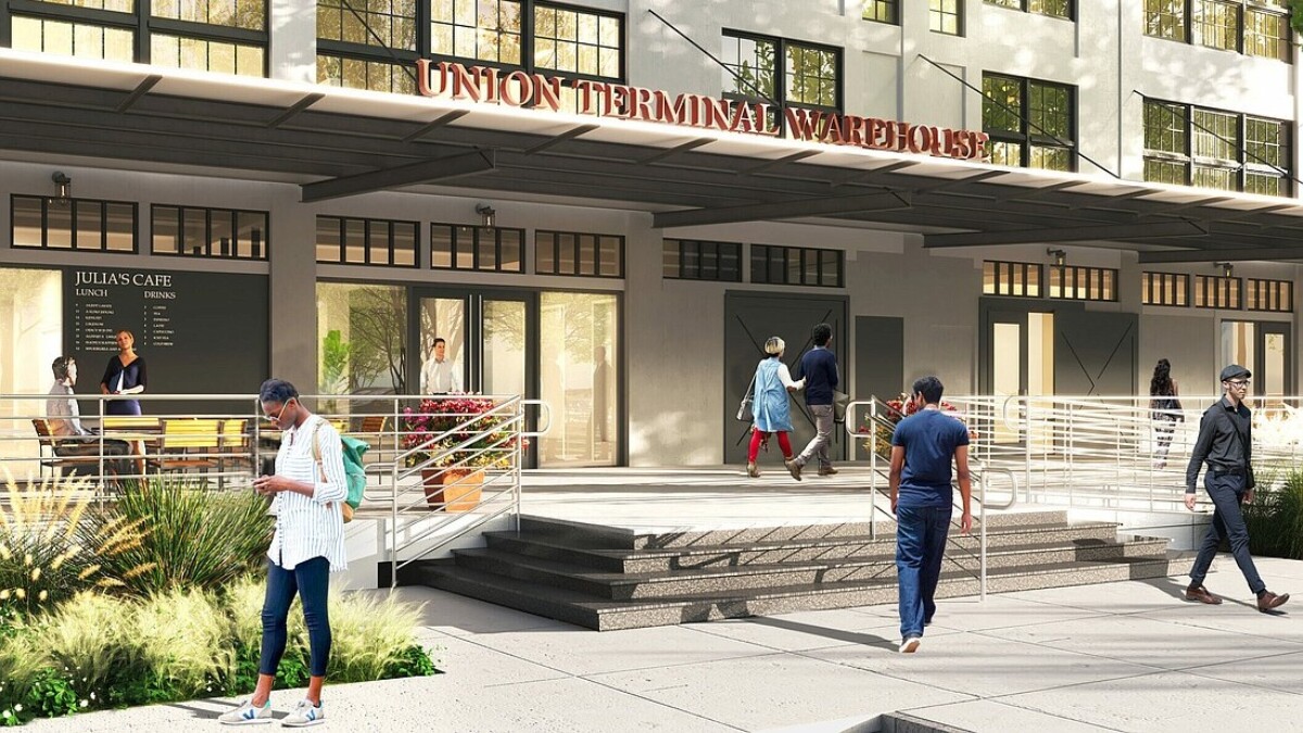 An illustration shows the entrance to the Union Terminal Warehouse at 700 E. Union St., near Jacksonville’s Eastside neighborhood and EverBank Stadium. | Columbia Ventures