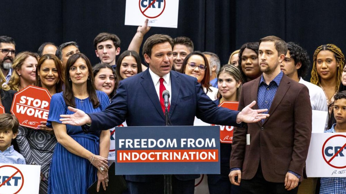 Gov. Ron DeSantis addresses the crowd before publicly signing HB7, "individual freedom," also dubbed the "stop WOKE" bill during a news conference at Mater Academy Charter Middle/High School in Hialeah Gardens on April 22, 2022. | Daaniel A. Varela, Miami Herald