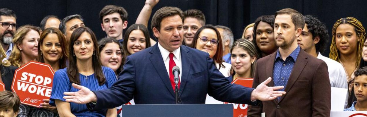 Gov. Ron DeSantis addresses the crowd before publicly signing HB7, "individual freedom," also dubbed the "stop WOKE" bill during a news conference at Mater Academy Charter Middle/High School in Hialeah Gardens on April 22, 2022. | Daaniel A. Varela, Miami Herald