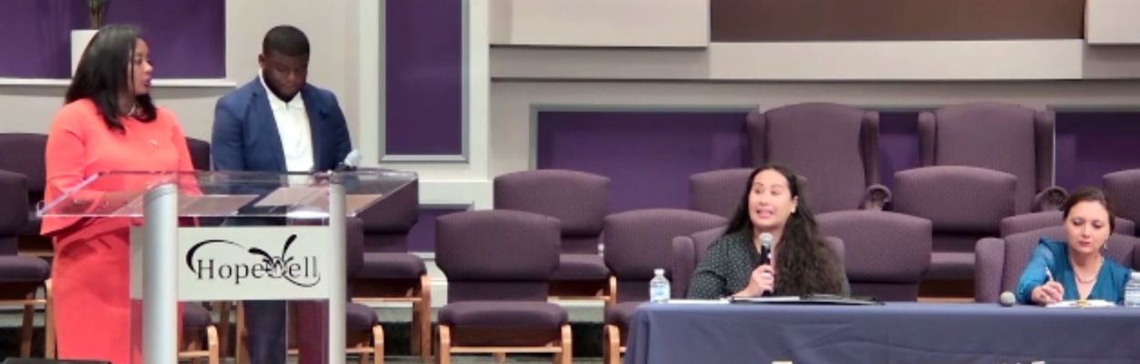 District 7 candidates Sarah Mannion, left, and Melody Bolduc discuss the issues facing Duval's schools at a forum Thursday, Aug. 1, 2024. | Jacksonville Public Education Fund, screenshot