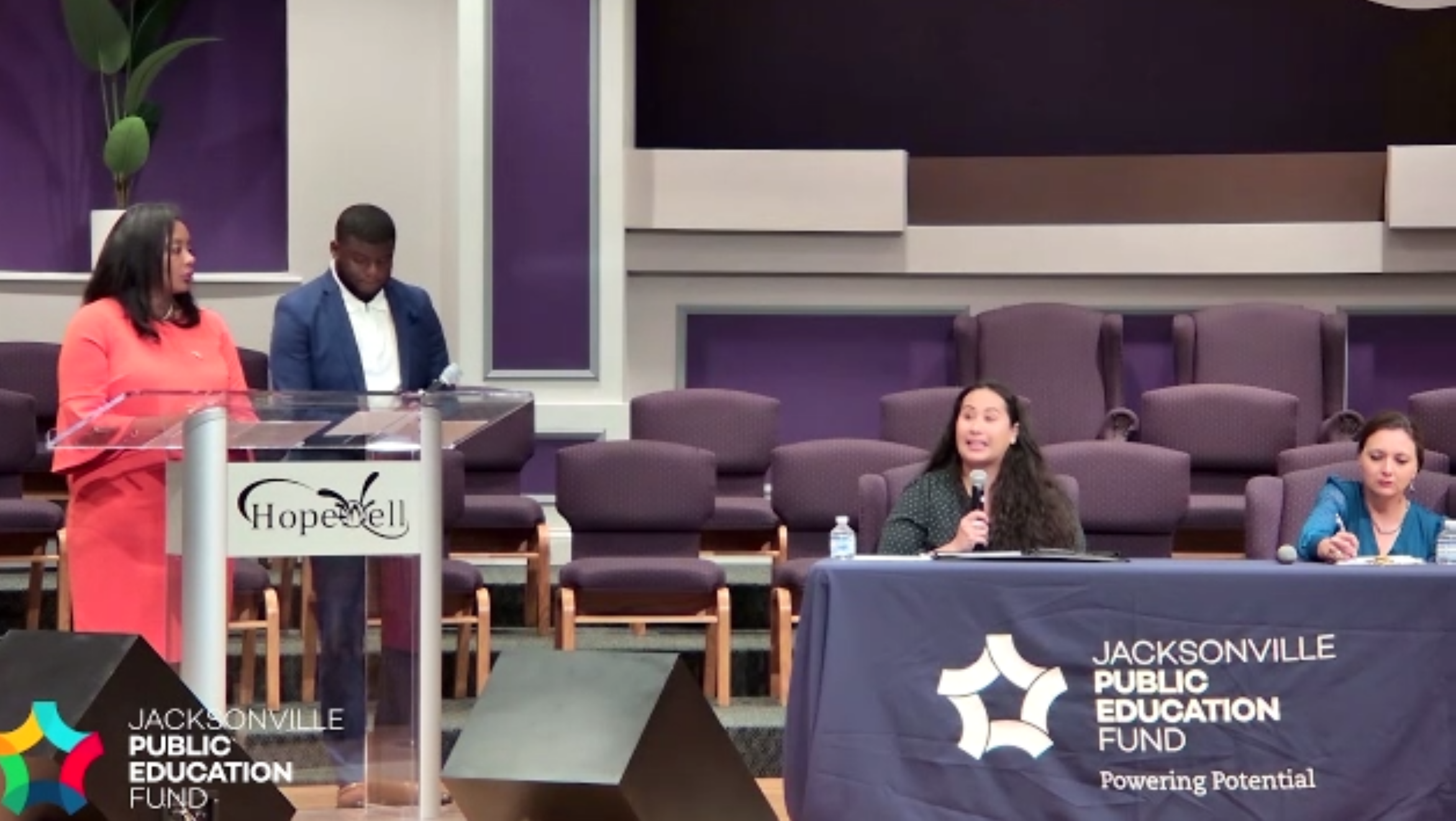 District 7 candidates Sarah Mannion, left, and Melody Bolduc discuss the issues facing Duval's schools at a forum Thursday, Aug. 1, 2024. | Jacksonville Public Education Fund, screenshot