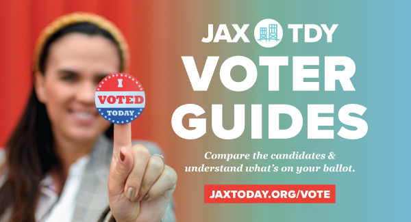 A woman proudly displays an 'I Voted Today' sticker, promoting JaxToday's Voter Guides.