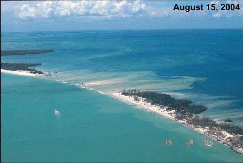 An aerial photograph shows the aftermath of Hurricane Charley.