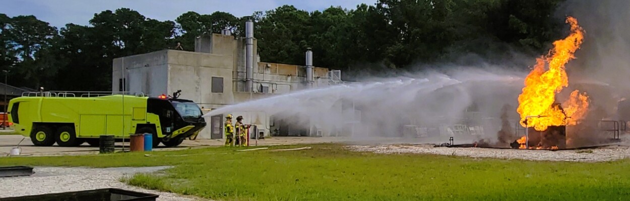 Fire truck extinguishes blaze.