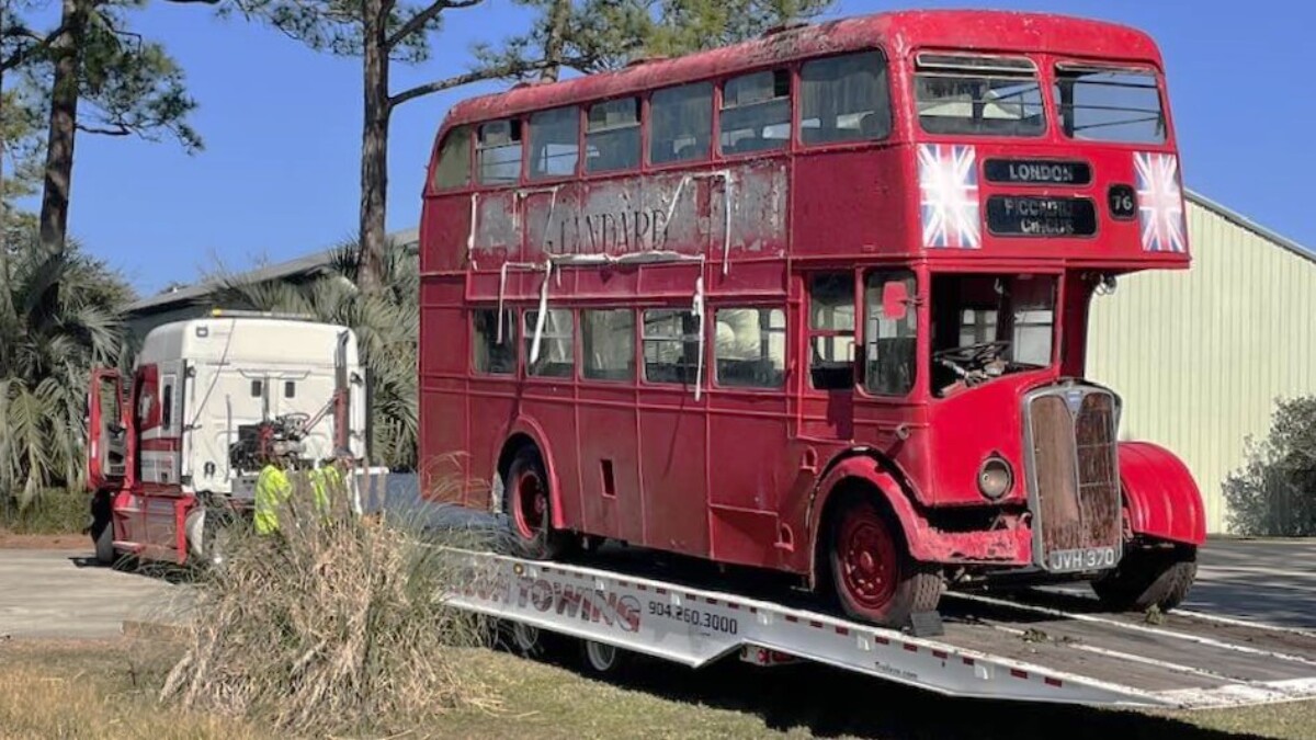 Double-decker bus at the pub