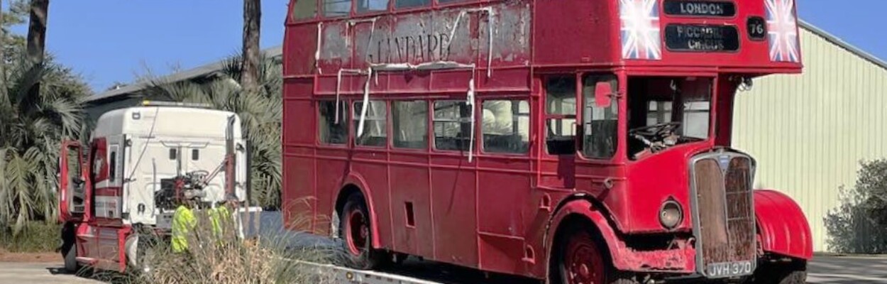 Double-decker bus at the pub