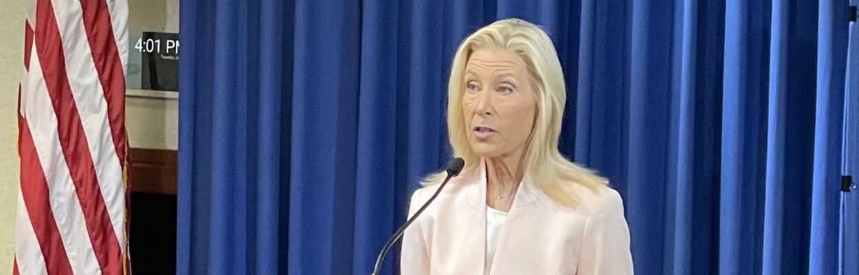 Mayor Donna Deegan speaks to reporters about her veto of a local immigration bill at City Hall.