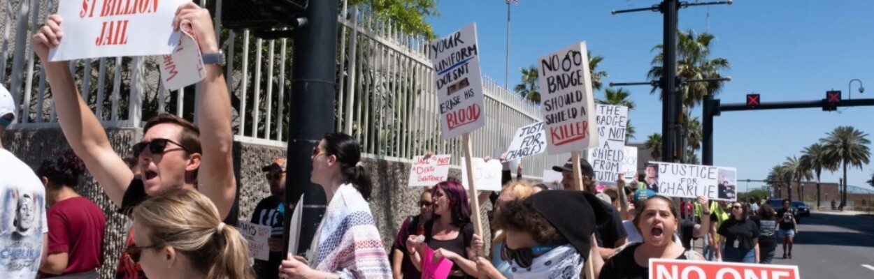 Protesters rally outside of the Jacksonville Sheriff’s Office headquarters on April 13, 2025, in response to the death of Charles Faggart, who died after he was beaten by jailers, according to his family’s attorney.