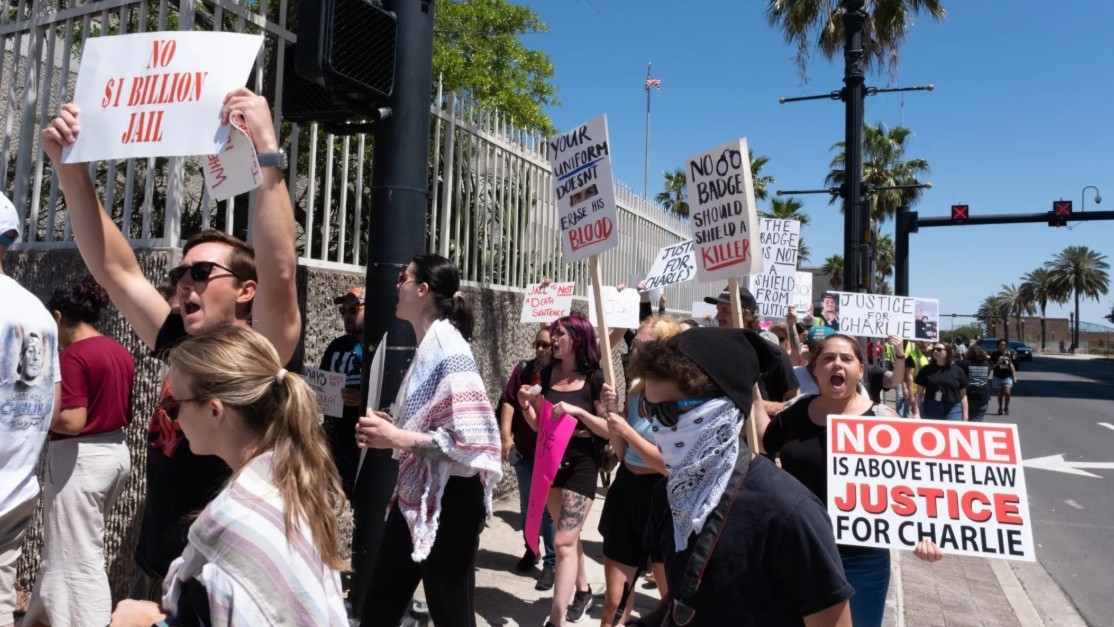 Protesters rally outside of the Jacksonville Sheriff’s Office headquarters on April 13, 2025, in response to the death of Charles Faggart, who died after he was beaten by jailers, according to his family’s attorney.