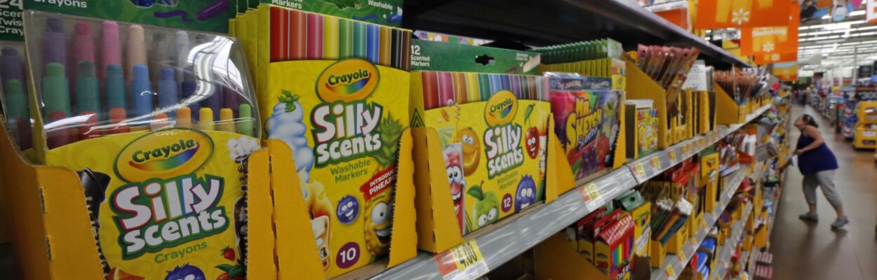 School supplies on shelves at Walmart