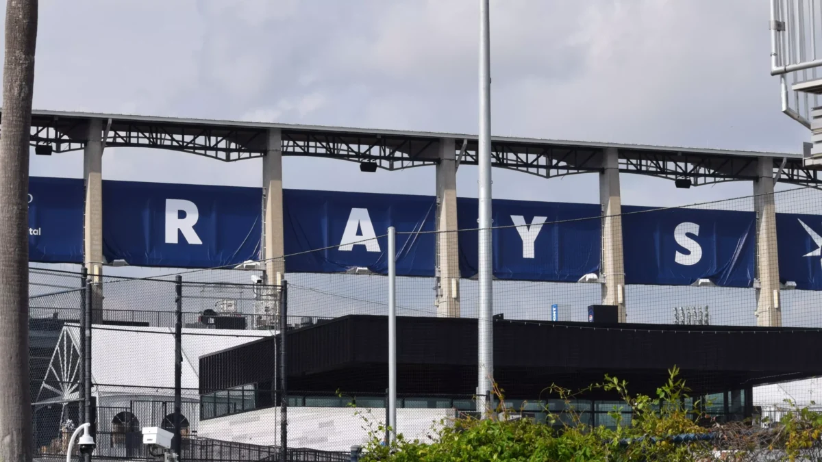 Letters across the top of a stadium spell RAYS