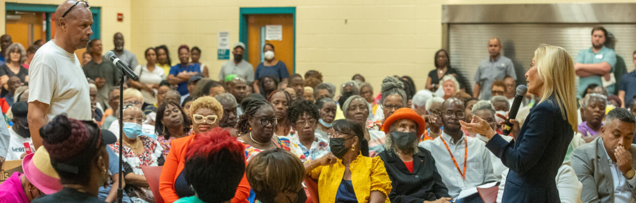 A town hall meeting in August 2023.