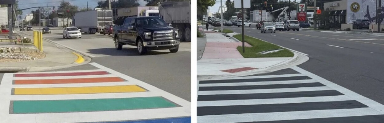 Two images showing the rainbow crosswalk, before and after it was removed