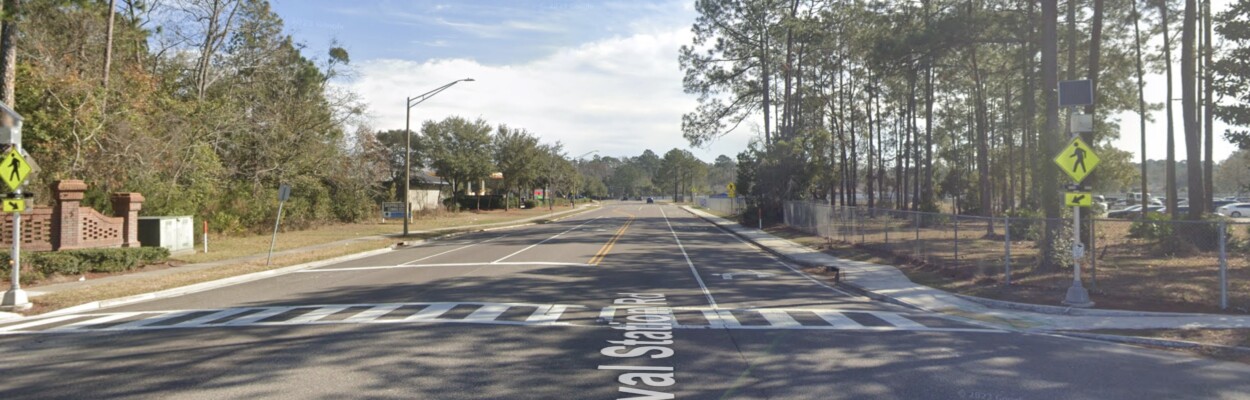 A crosswalk in front of First Coast High School | Google Maps