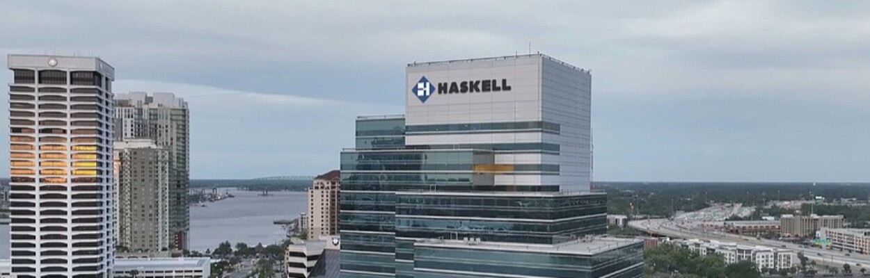 Haskell sign on top of building