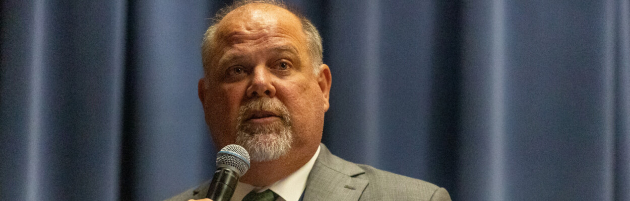 Duval County School Superintendent Christopher Bernier speaks at a town hall.