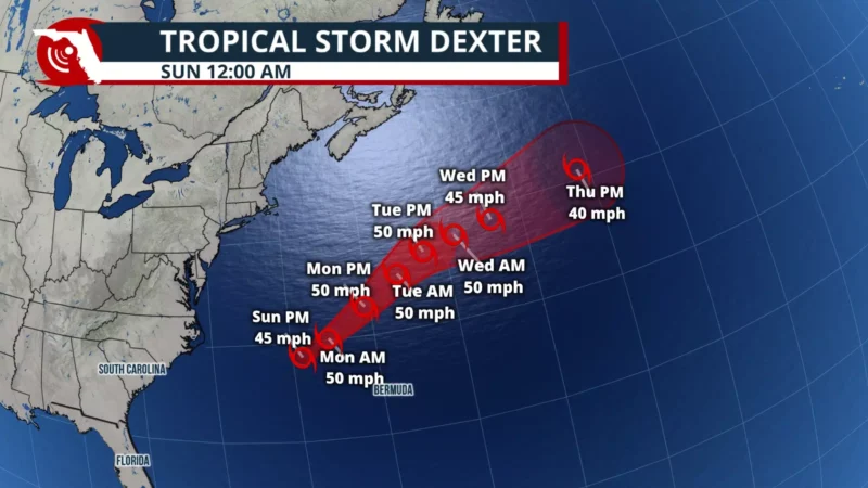 Featured image for “Tropical Storm Dexter forms; forecasters watch 2 other areas”