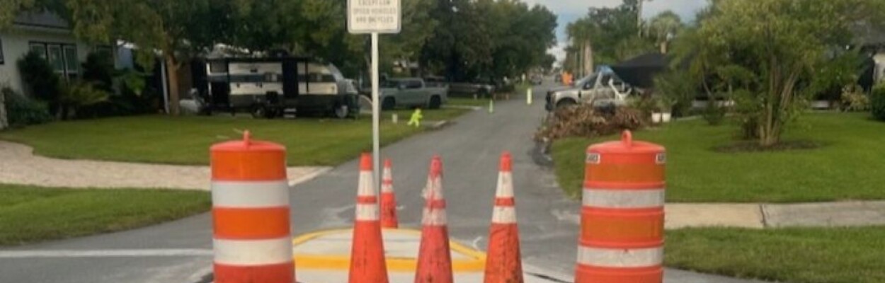Cones restrict traffic on South Street in Neptune Beach