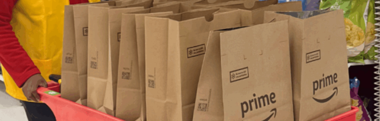 Amazon shopping bags on a cart