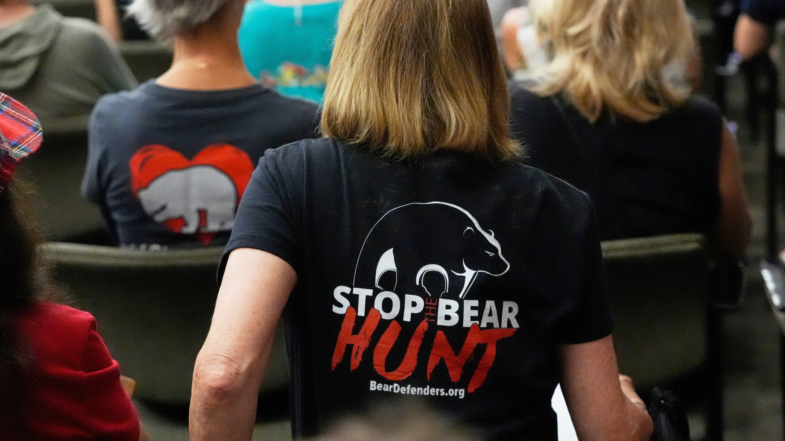 Woman wearing a "Stop Bear Hunt" T-shirt.