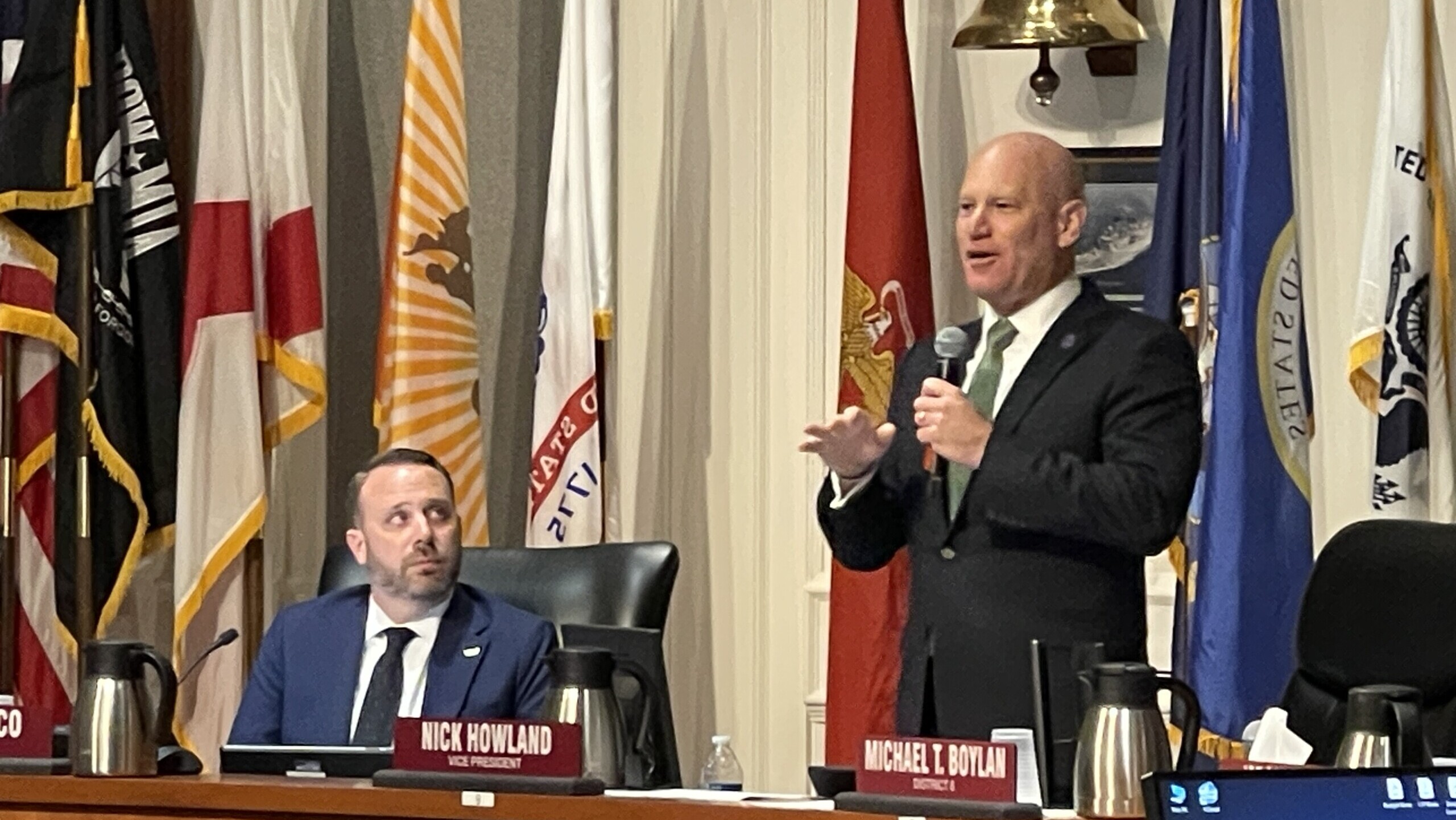 Jacksonville City Council President Kevin Carrico and Vice President Nick Howland during a budget meeting