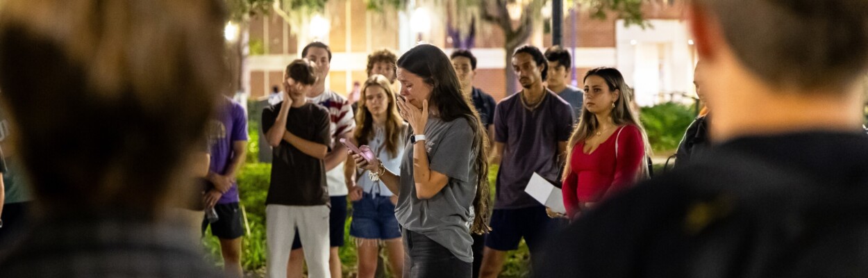 Noelle Mattiace speaks at a vigil for Charlie Kirk in Gainesville.