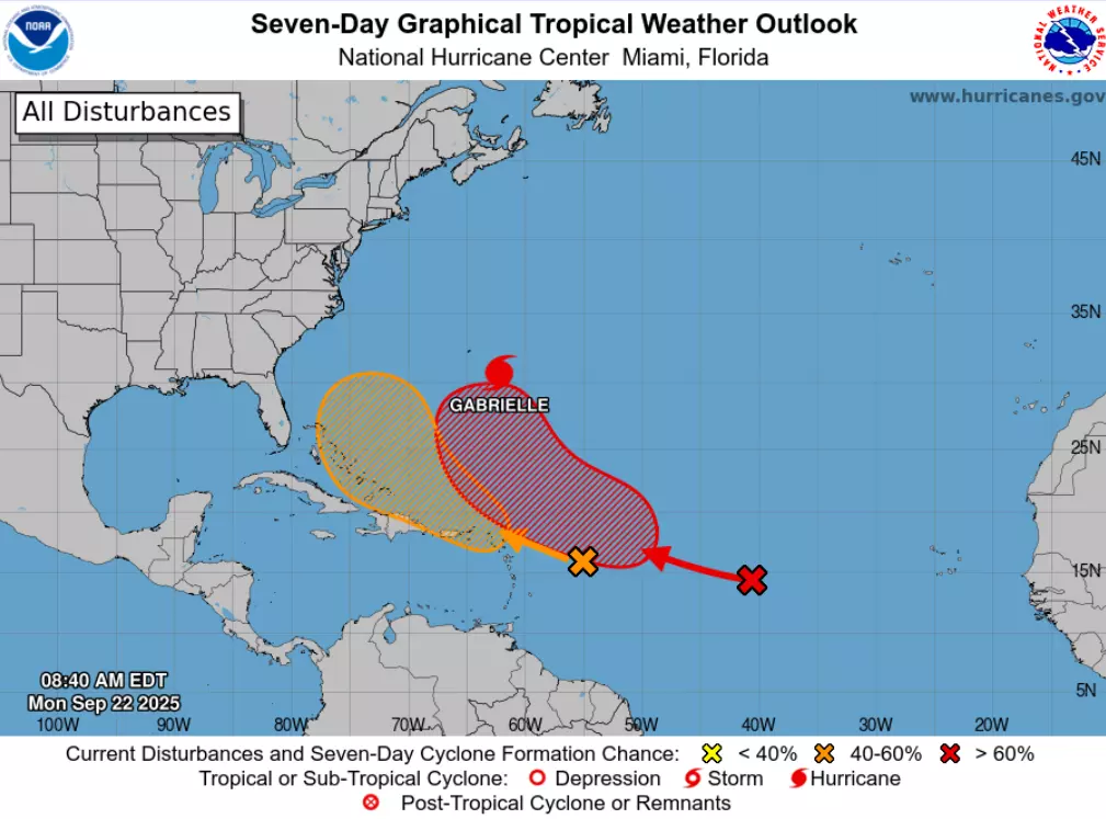 Map showing two storm systems behind Hurricane Gabrielle