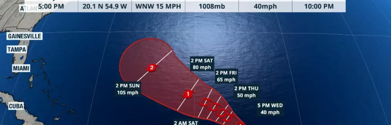 Map showing path of Tropical Storm Humberto