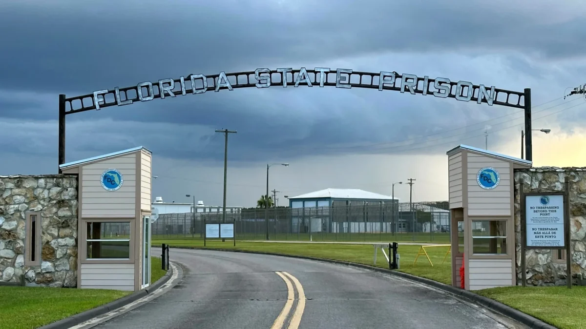 Clouds hover over the entrance of the Florida State Prison in Starke, where the death penalty is carried out in Florida.