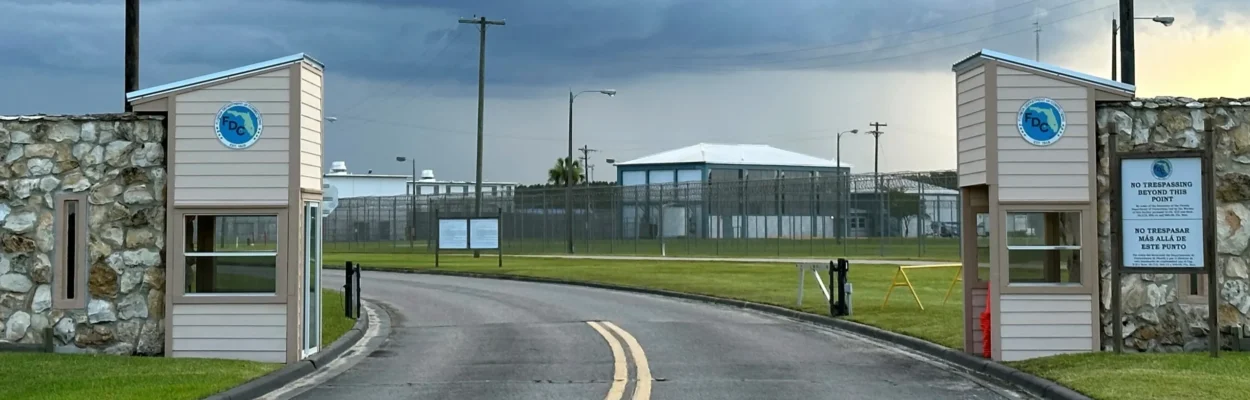 Clouds hover over the entrance of the Florida State Prison in Starke, where the death penalty is carried out in Florida.